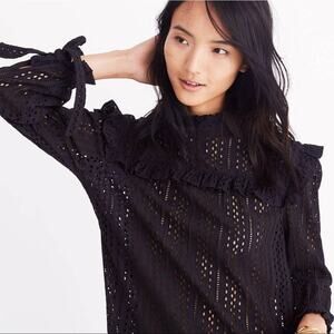 Madewell Eyelet Ruffle Mock Neck Top Black Tie Back Long Sleeve Pullover Sz XXL